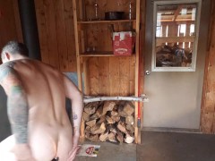 Fucking my ass with my favorite dildo in forest cabin