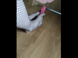 Cute little sexy school uniform sissy trying practice footjob in fishnets