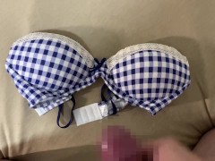 かわいい青チェックのタオル生地ノンワイヤーブラでオナニーして精子ぶっかけ - Screenshot 10 of 16 - Underwear