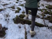 Preview 2 of Risky outdoor sex in a public park almost caught Winter edition bubble butt fucked in freezing cold