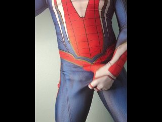 Horny spiderman stroking big dick