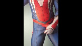 Horny spiderman stroking big dick