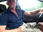 Preview 1 of beefy hairy daddy flashing and splashing while driving car