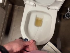 Hairy guy in suit pissing and jerking off at office toilet and cum into restroom's sink