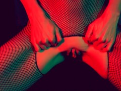 Hot chick sticks her pretty pussy in your face while jerking off in a fishnet bodystocking