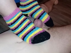 Cumming on her warm, fluffy rainbow socks - Jake & Cassandra