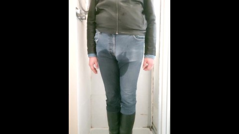 Shower time starting with piss and then fully clothed wetlook in jeans and boots