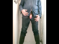 Shower time starting with piss and then fully clothed wetlook in jeans and boots