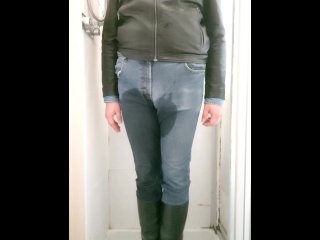 wetlook jeans, pee, leather boots, wetlook