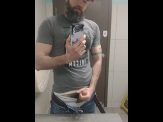 Muscle Daddy Jerks off in Public Bathroom