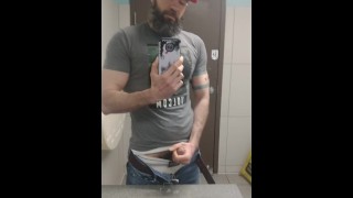 Muscular Father Yanks Off In A Public Restroom