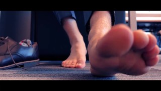 ASMR in the office. Guy with hairy legs takes off his shoes, socks, stretches feet and crunch toes
