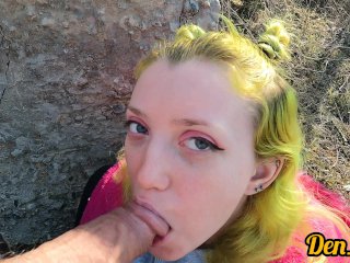 green haired schoolgirl likes to have sex outdoors to get a big load on her face and clothes