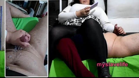 BBW Mistress uses slave as human furniture while watching tv and she makes him cum at the end