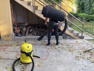 crushing and vacuuming leaves