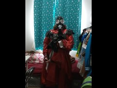 Sissy Maid Gasmask Breathplay Shiny Red Dress Vibrator