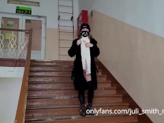 Almost caught while showing boobs on the stairs in the mall