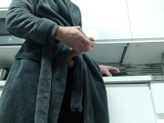 Preview 1 of Guy in Robe Jerks His Huge Hard Cock in the Kitchen and the Cumshot Rains Out