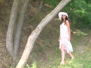 Naughty Brunette In Dress_and Hat Nude by the River