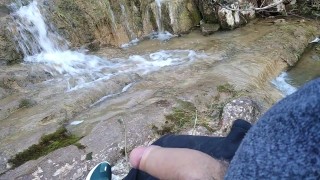 Handsome Gives Perfect Cumshot from Nice Big Hard Cock Spit in Front of River Waterfall