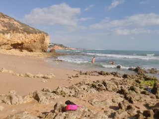 Horny girl andguy undress ona public beach and masturbate - risky