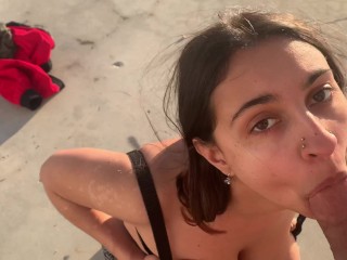 Public Face Fucking Busty Indian in Malibu and Swallows Cum