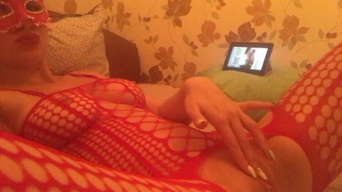 Watching porn and playing with myself in one piece red lingerie full bodysuit sexy hot girlfriend