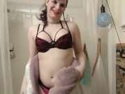 Preview 1 of HOT t4t trans girl takes off her robe for you, reveals her plug, then deep throats a double dildo