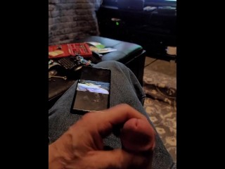 Hubby Stroking his Cock while Watching Video of him Eating my Pussy on his Phone