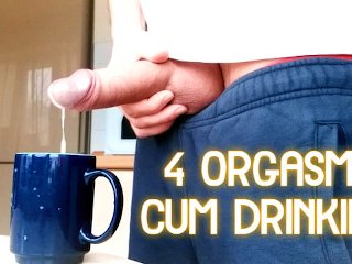 4 orgasms filling cup with cum and cum drinking