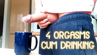 4 orgasmes remplissant une tasse de sperme et de sperme en buvant