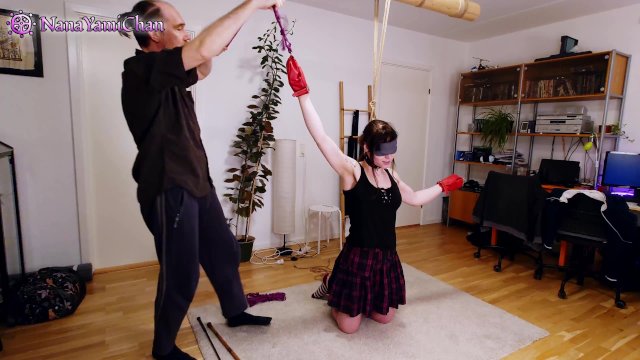 Watch Bondage Video:Fun in Leather mittens - Part 1 of 2: Dom/sub play!