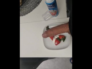 The Pig with a Big Cock Eats Strawberries and Cream Spread on his Dick for Breakfast