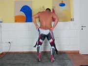 Preview 1 of Muscle man tries on spandex cosplay suit with the help of his muscle Daddy