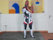 Preview 2 of Muscle man tries on spandex cosplay suit with the help of his muscle Daddy