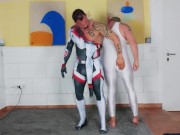 Preview 3 of Muscle man tries on spandex cosplay suit with the help of his muscle Daddy