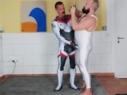 Preview 4 of Muscle man tries on spandex cosplay suit with the help of his muscle Daddy