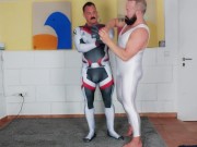 Preview 5 of Muscle man tries on spandex cosplay suit with the help of his muscle Daddy