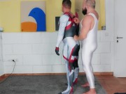 Preview 6 of Muscle man tries on spandex cosplay suit with the help of his muscle Daddy