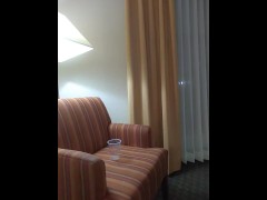 Video Pissing all over hotel chair and then drinking it while jacking my fat cock off