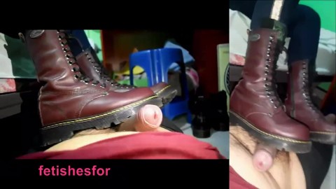 Aplastamiento de polla y paja hasta correrse por Mistress en grandes botas dr martens Pov