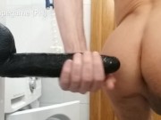 Preview 1 of Huge Black dildo ride in a bathroom