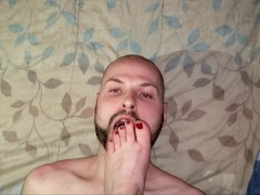 Licking and sucking my toes like the slave that he is! - Jake & Cassandra