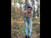 Preview 5 of Horny nudist strips naked on a forest trail and masturbates