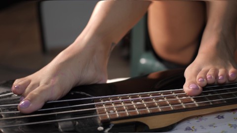 POV Foot fetish Girl petit teenager playing funky bass guitar with her sexy bare feets