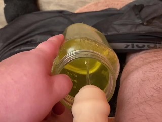 FTM uses stand to pee dick to pee in a jar for you