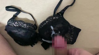 Masturbating in a black lace A-cup bra and sperm bukkake