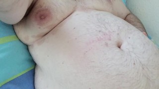 Chubby Rubs His Flabby Stomach And Cum