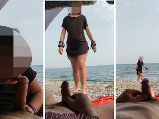 Dick flash - A girl caught me jerking off in public beach and help me cum - MissCreamy