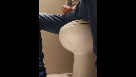 mall bathroom peeing in the toilet then jerking my cock, i almost cum there 